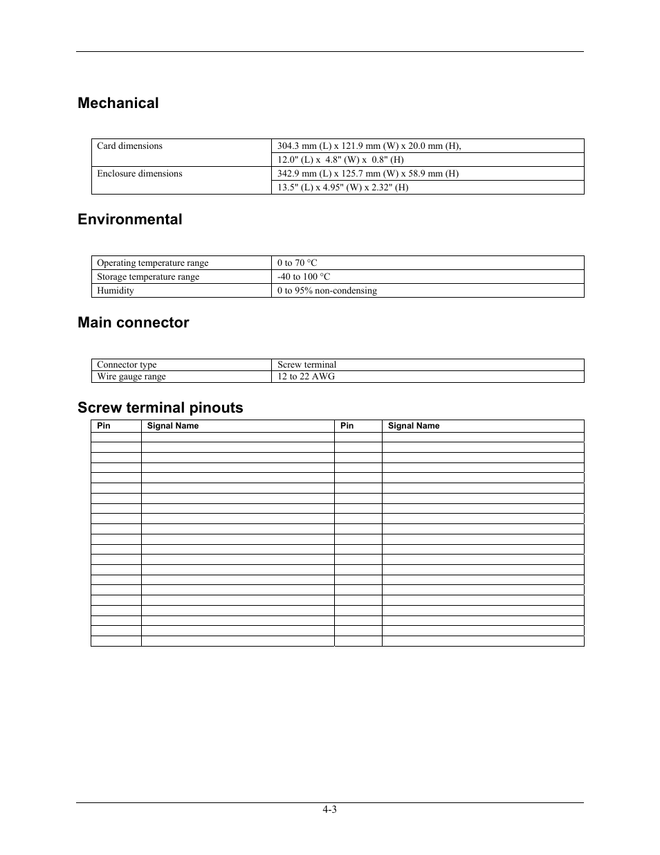 Mechanical, Environmental, Main connector | Screw terminal pinouts, Mechanical -3, Environmental -3, Main connector -3, Screw terminal pinouts -3 | Measurement Computing USB-PDISO8 User Manual | Page 21 / 23