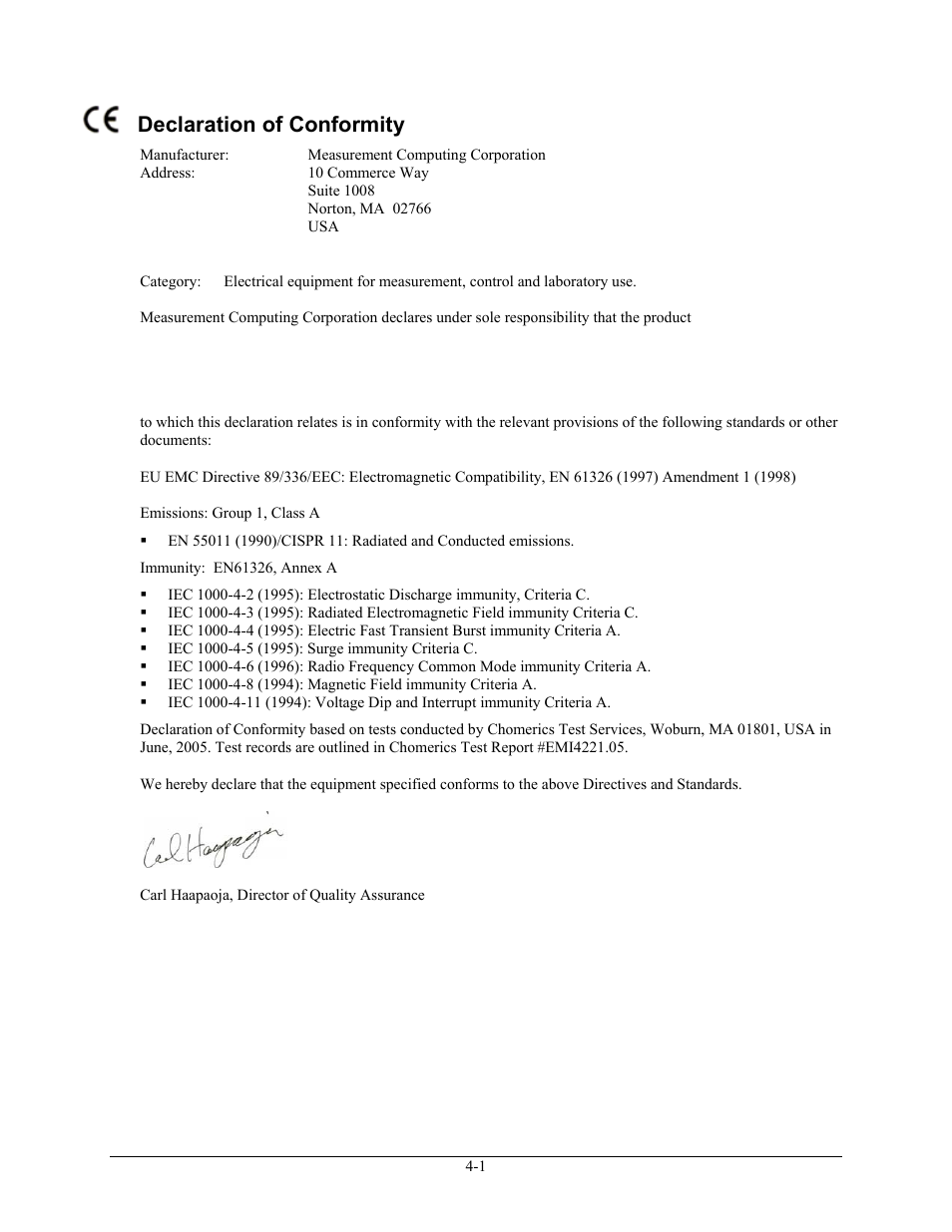 Declaration of conformity | Measurement Computing USB-PDISO8 User Manual | Page 22 / 23