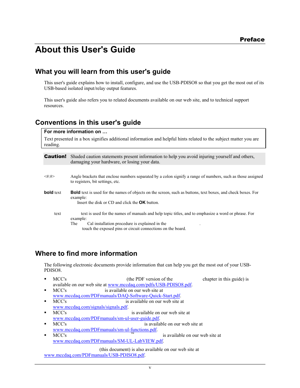 Preface, About this user's guide, What you will learn from this user's guide | Conventions in this user's guide, Where to find more information | Measurement Computing USB-PDISO8 User Manual | Page 5 / 23
