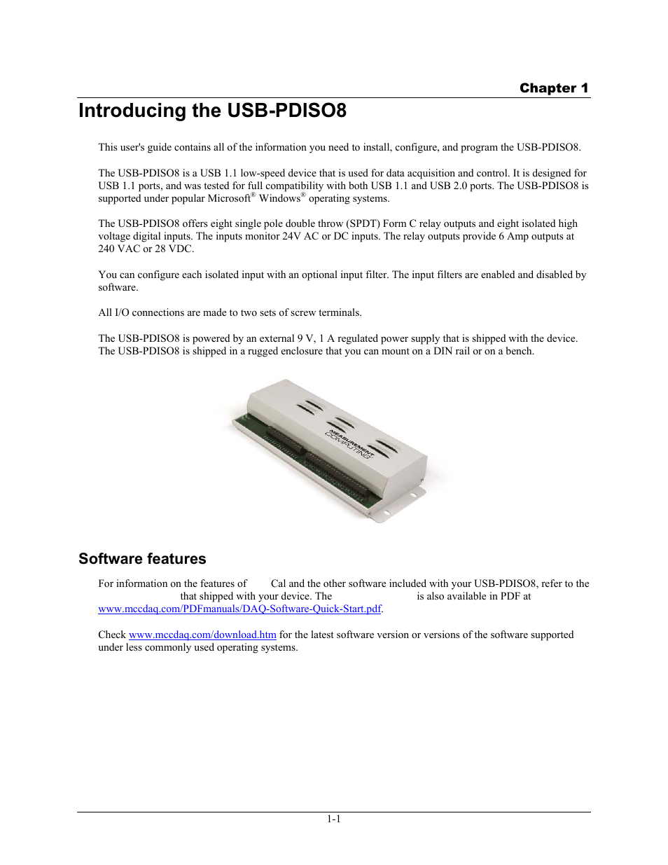 Introducing the usb-pdiso8, Software features, Introducing the usb-pdiso8 -1 | Software features -1 | Measurement Computing USB-PDISO8 User Manual | Page 6 / 23
