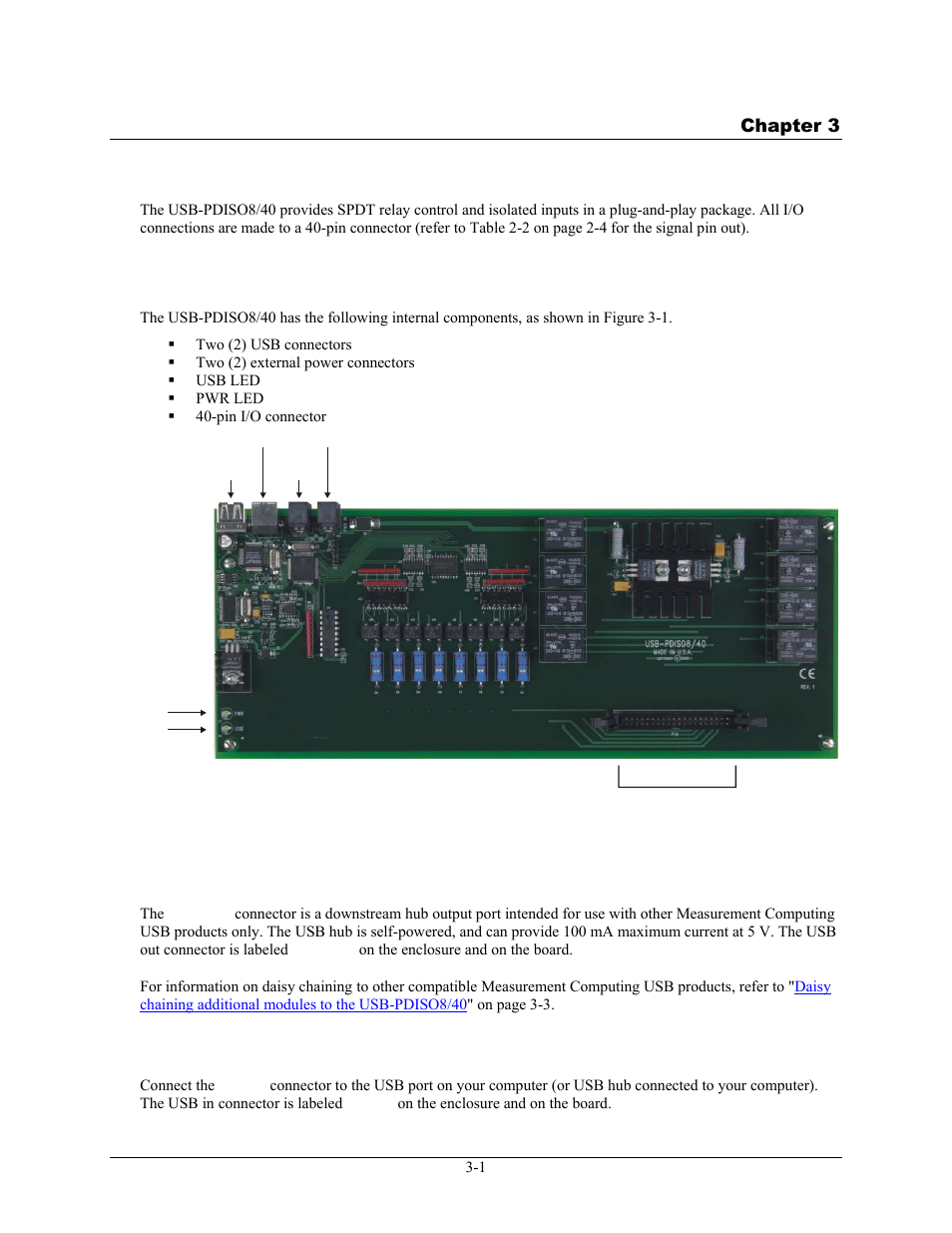 Functional details, Internal components, Usb out connector | Usb in connector, Functional details -1, Internal components -1, Usb out connector -1, Usb in connector -1 | Measurement Computing USB-PDISO8/40 User Manual | Page 13 / 20