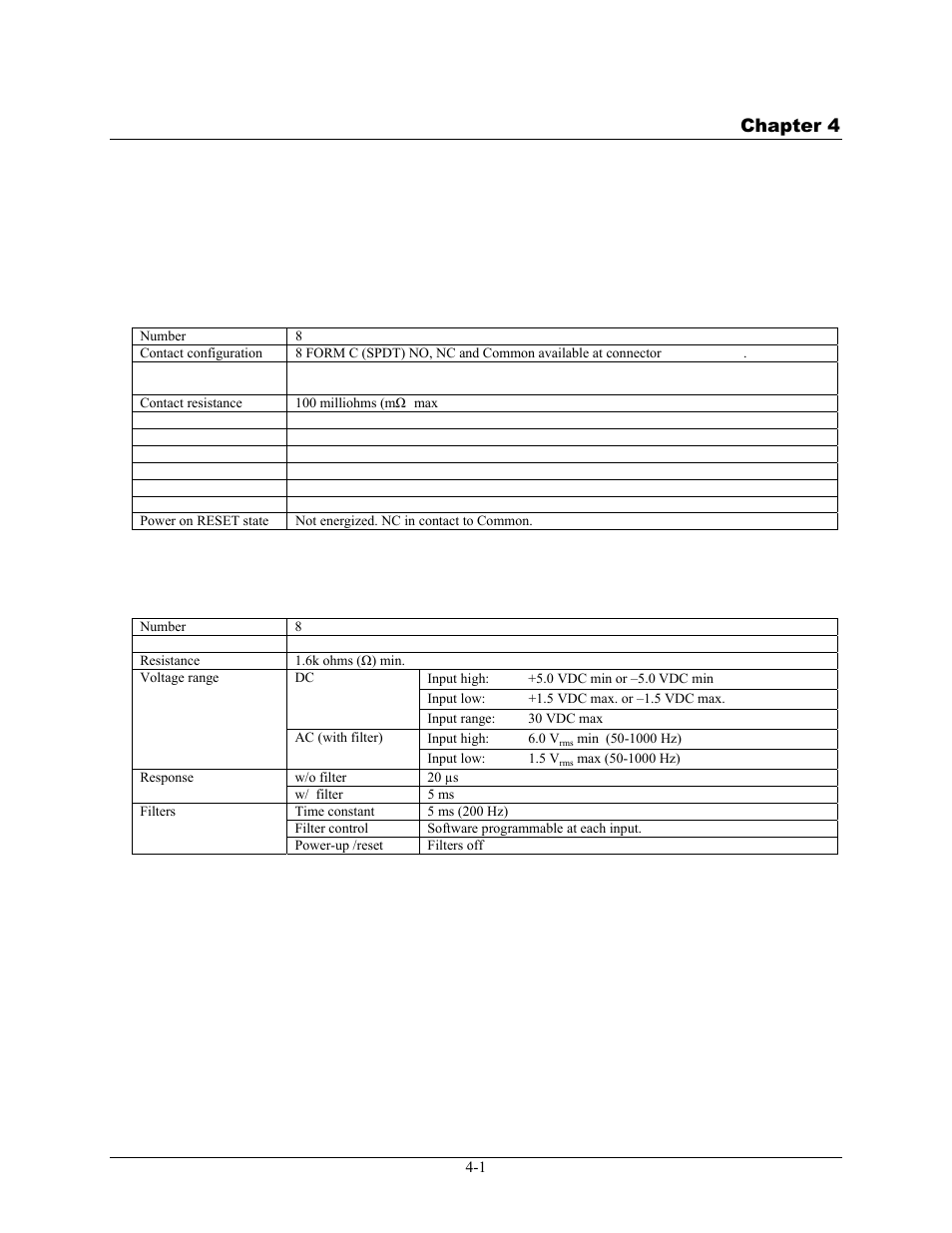 Specifications, Relay specifications, Isolated inputs | Specifications -1, Relay specifications -1, Isolated inputs -1, Chapter 4 | Measurement Computing USB-PDISO8/40 User Manual | Page 17 / 20