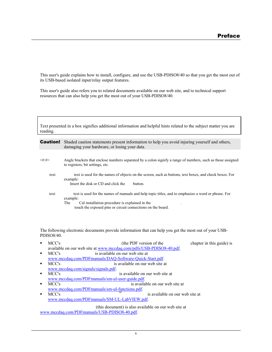 Preface, About this user's guide, What you will learn from this user's guide | Conventions in this user's guide, Where to find more information | Measurement Computing USB-PDISO8/40 User Manual | Page 5 / 20