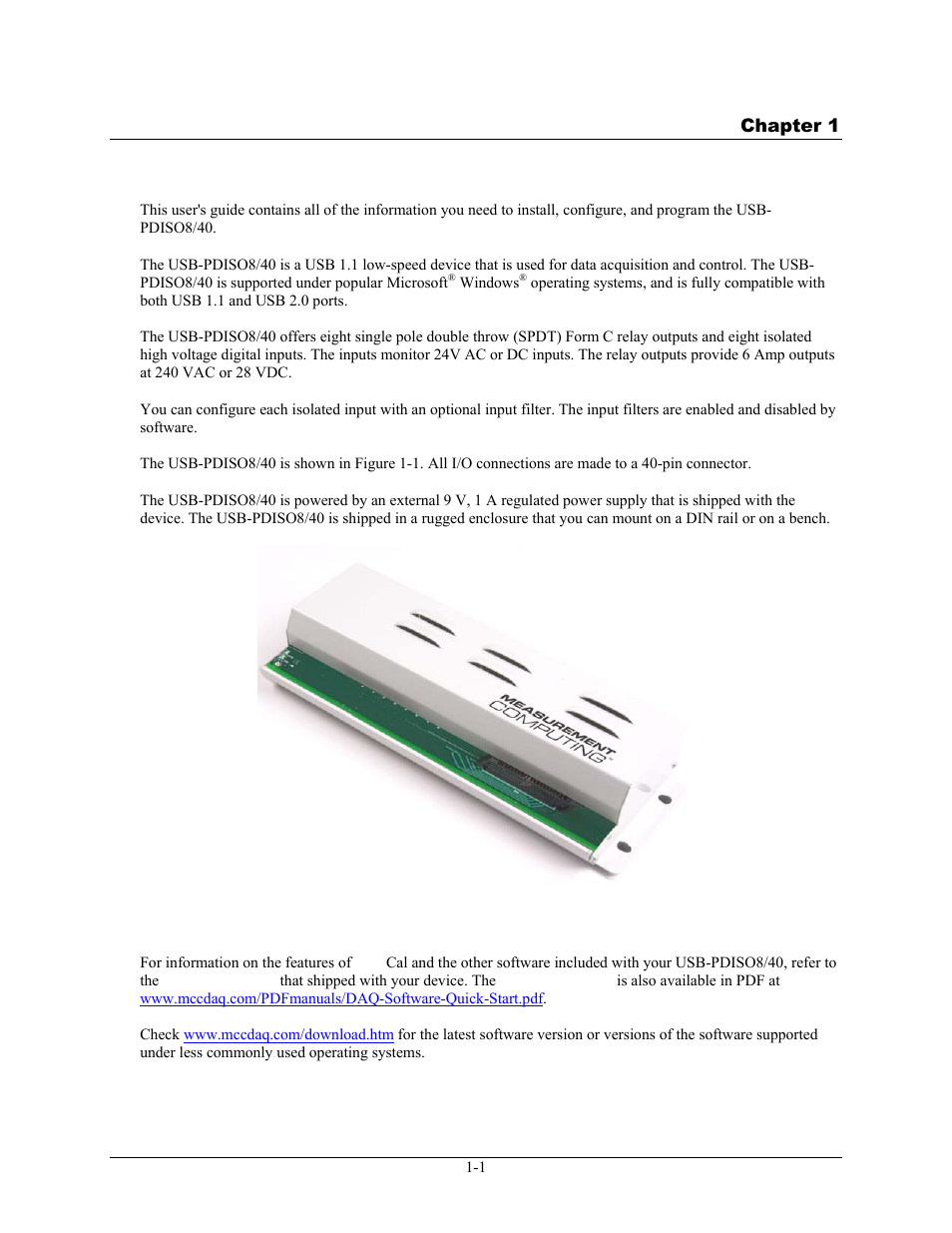 Introducing the usb-pdiso8/40, Software features, Introducing the usb-pdiso8/40 -1 | Software features -1 | Measurement Computing USB-PDISO8/40 User Manual | Page 6 / 20