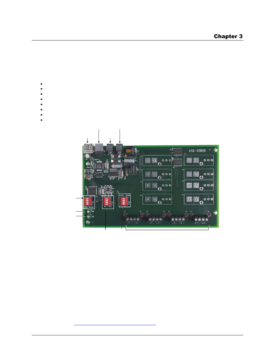 Functional details, Internal components, Usb in connector | Usb out connector, Functional details -1, Internal components -1, Usb in connector -1, Usb out connector -1, Gure 3-1, Chapter 3 | Measurement Computing USB-SSR08 User Manual | Page 15 / 23