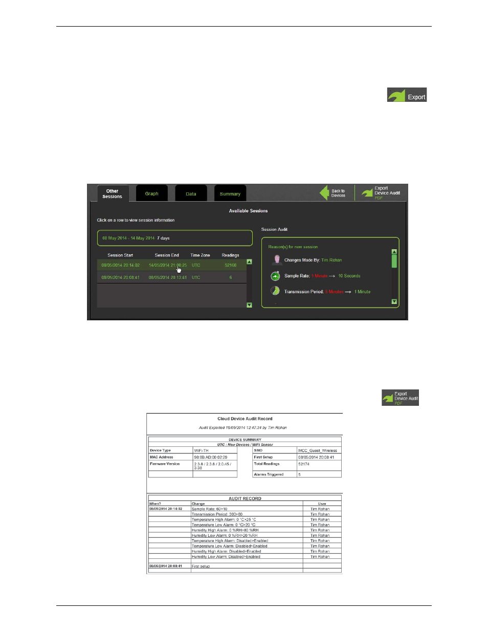 Viewing logging session audit information | Measurement Computing WiFi-500 Sensor Series User Manual | Page 30 / 40