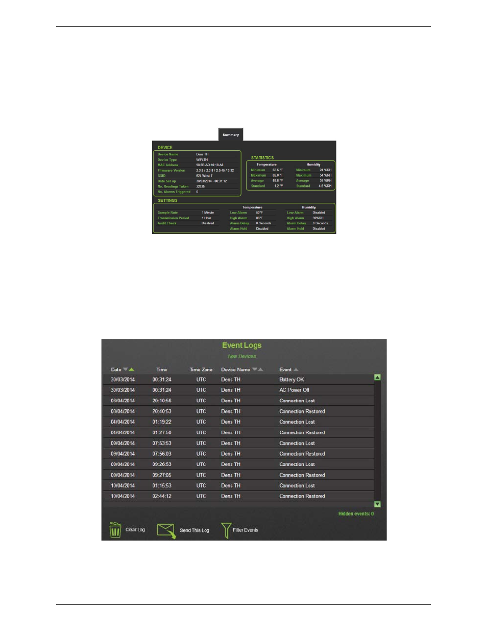 Viewing a logging session summary, Viewing, emailing, and deleting event logs | Measurement Computing WiFi-500 Sensor Series User Manual | Page 31 / 40