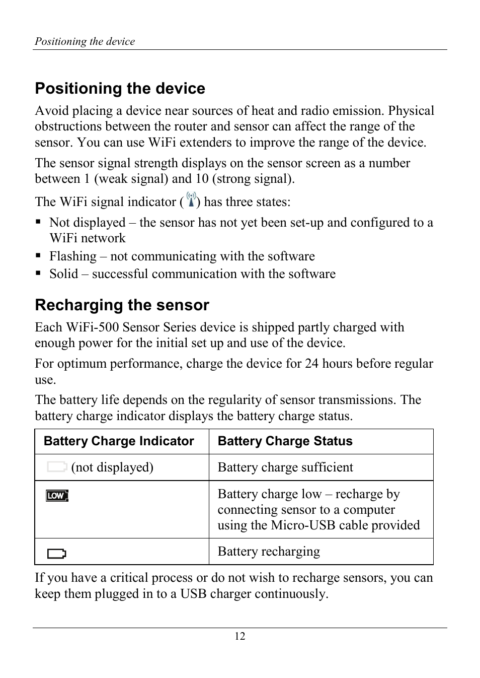 Positioning the device, Recharging the sensor | Measurement Computing WiFi-500 Sensor Series Quick Start User Manual | Page 12 / 14