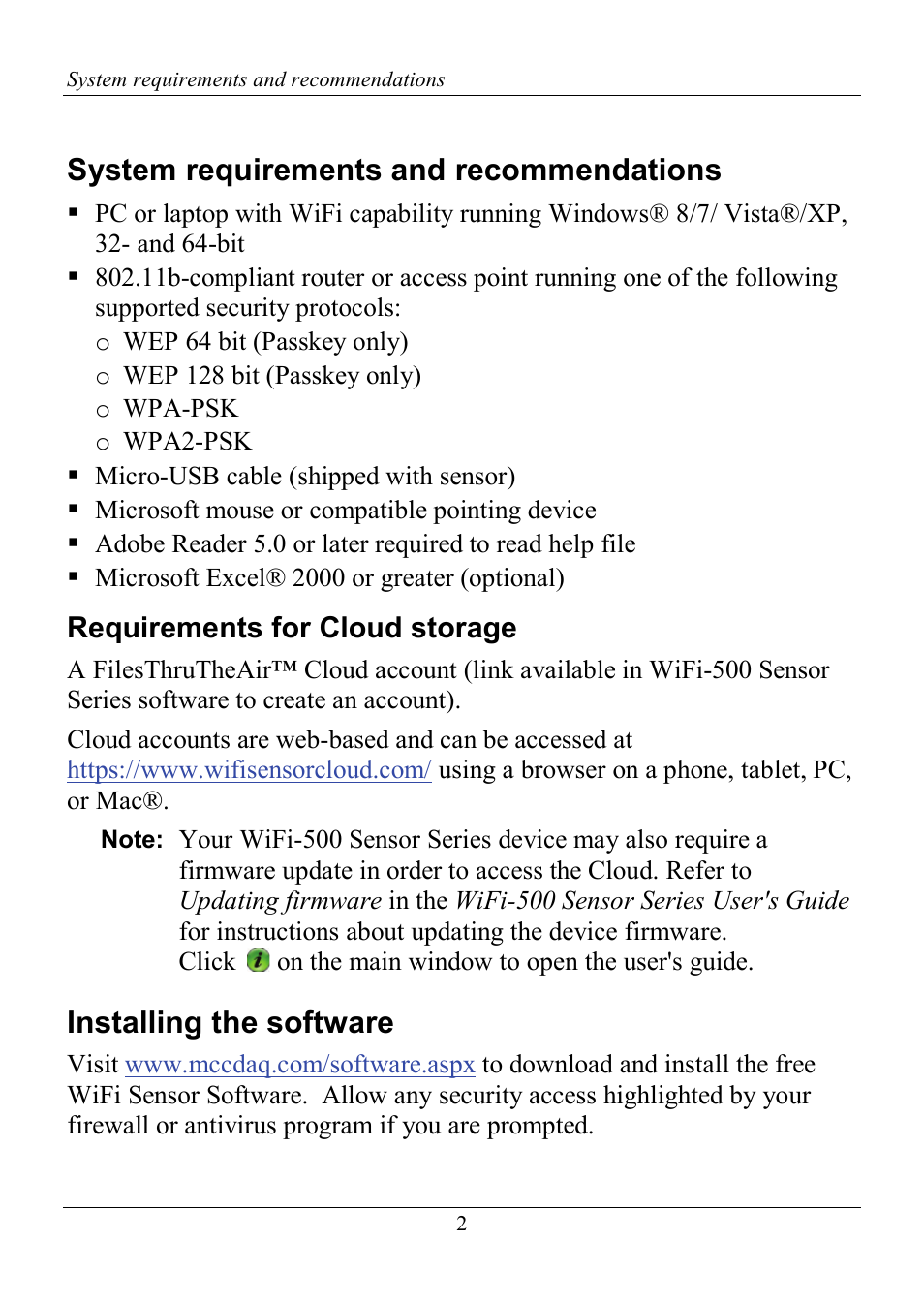 System requirements and recommendations, Requirements for cloud storage, Installing the software | Measurement Computing WiFi-500 Sensor Series Quick Start User Manual | Page 2 / 14