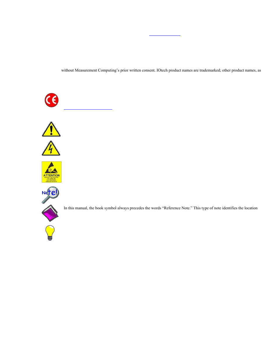 Warnings, cautions, notes, and tips, Warranty information, Limitation of liability | Copyright, trademark, and licensing notice, Ce notice, Specifications and calibration | Measurement Computing 6222 User Manual | Page 2 / 28