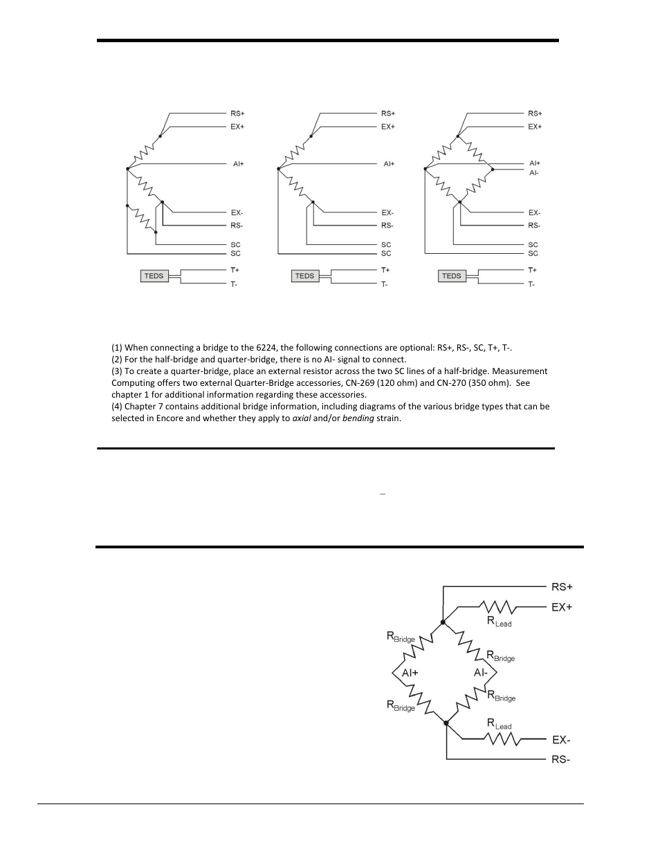 Bridge connections, Connecting teds channels, Remote sensing | Measurement Computing 6224 User Manual | Page 16 / 42