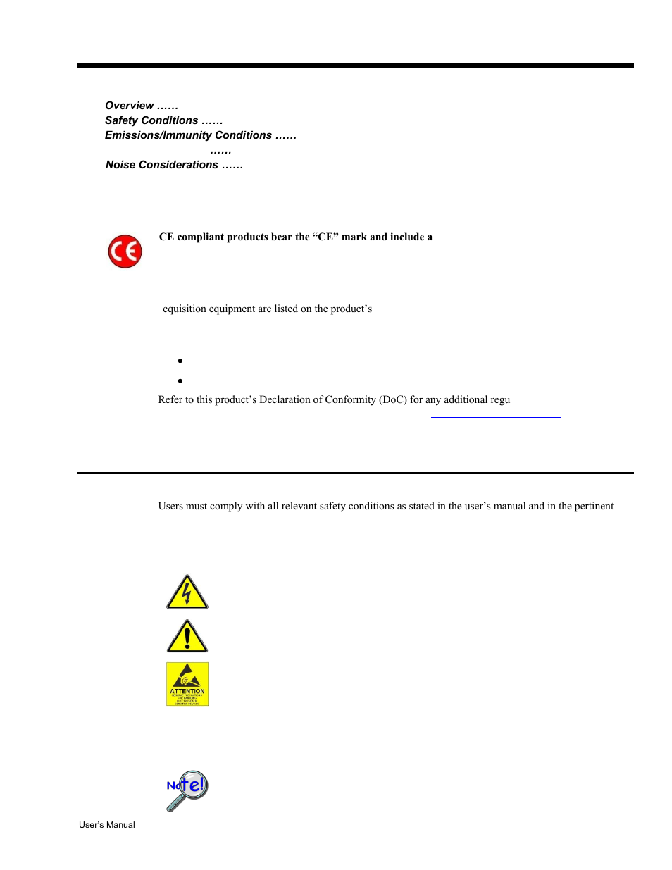 5 - ce compliance & noise considerations, Overview, Safety conditions | Ce compliance & noise considerations 5 | Measurement Computing 6224 User Manual | Page 22 / 42