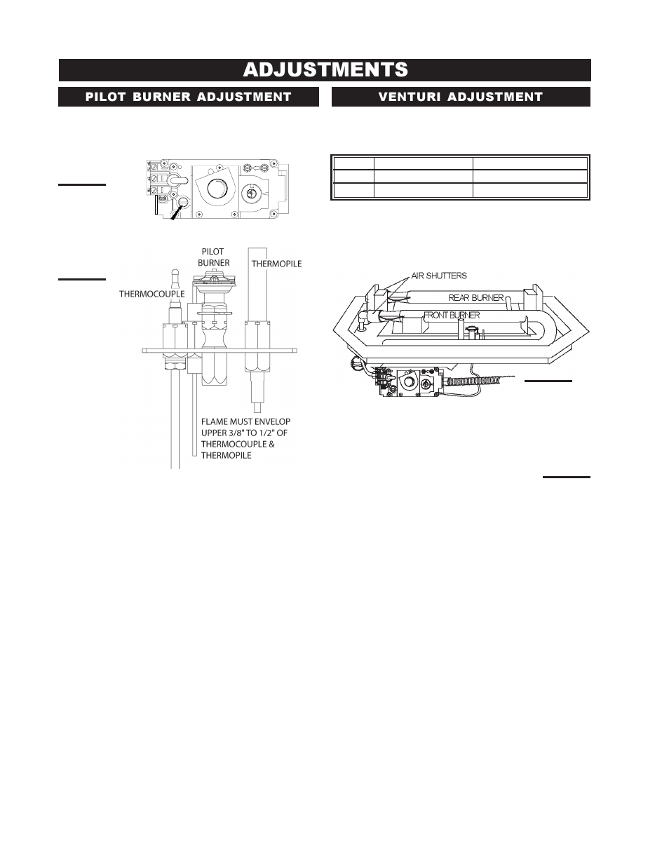 Adjustments, Venturi adjustment pilot burner adjustment | Continental CDVS500-N User Manual | Page 20 / 24