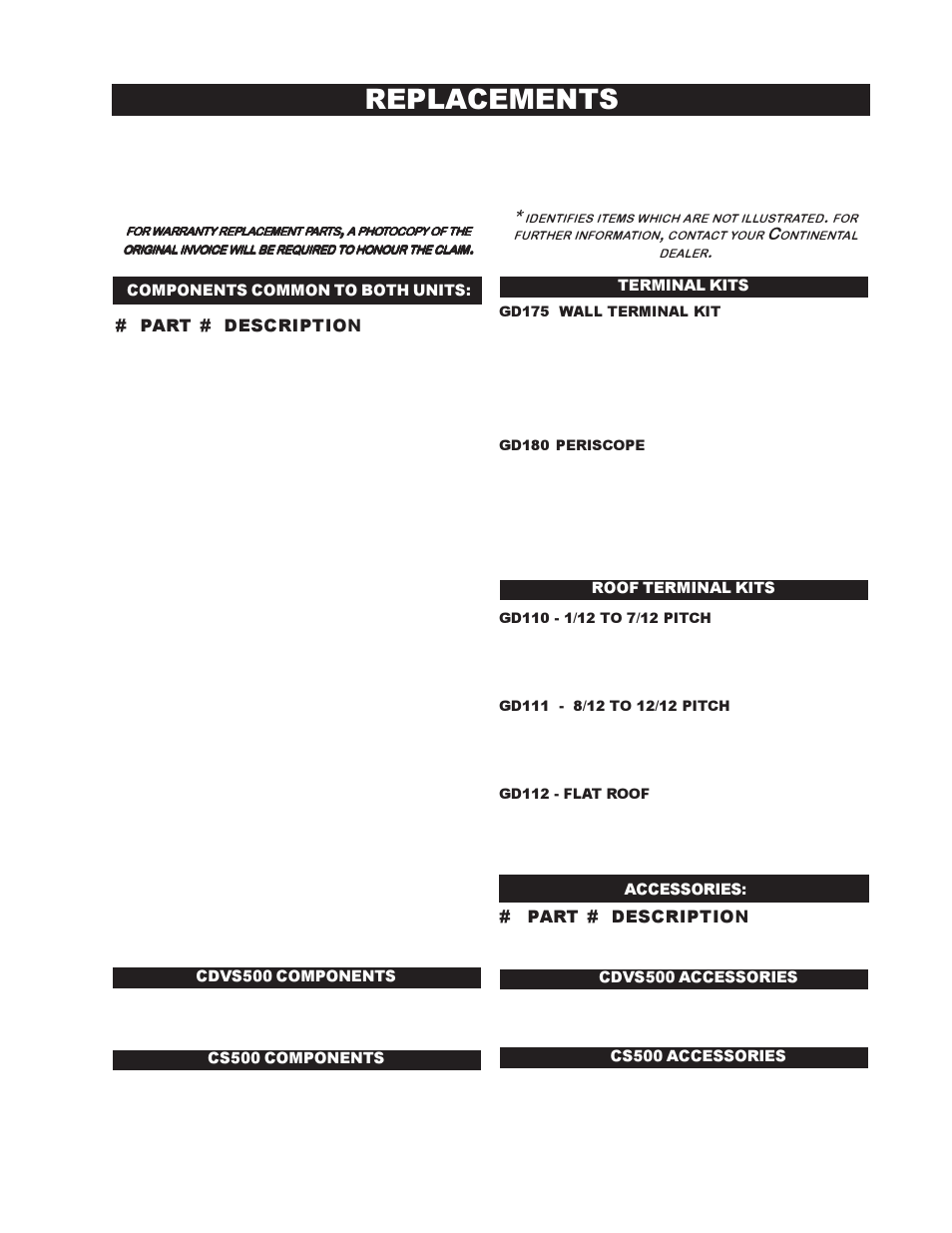 Replacements, Part # description | Continental CDVS500-N User Manual | Page 21 / 24