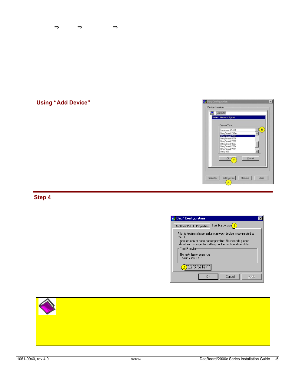 Step 4 – test hardware, Test hardware | Measurement Computing DaqBoard 1000 Series User Manual | Page 21 / 88