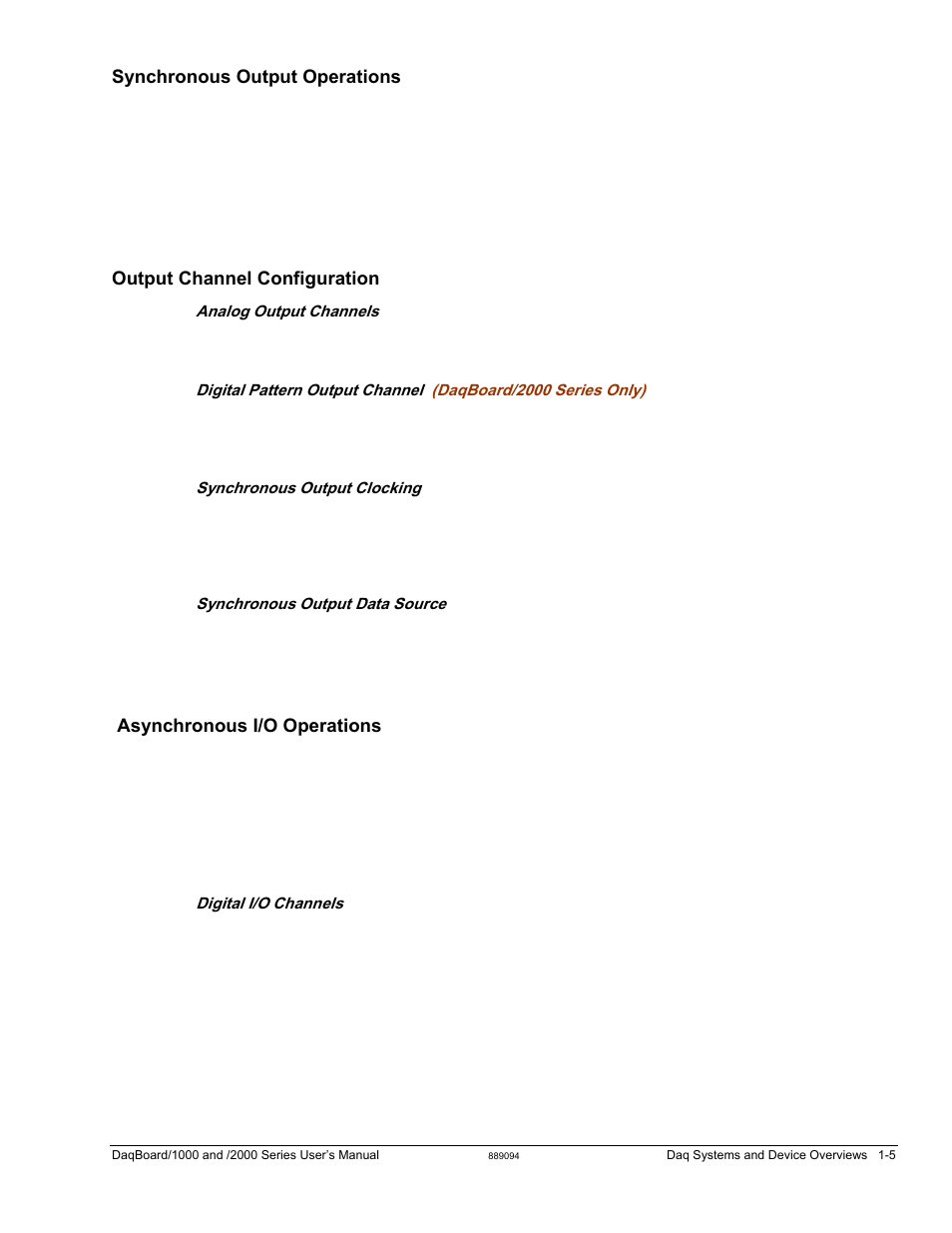 Synchronous output operations, Output channel configuration, Asynchronous i/o operations | Measurement Computing DaqBoard 1000 Series User Manual | Page 27 / 88