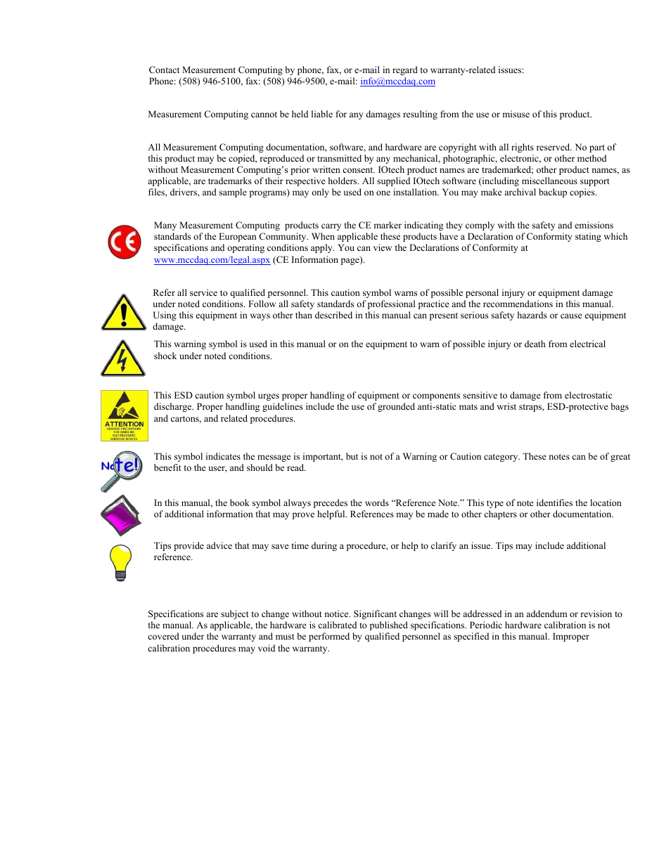 Warranty information, Limitation of liability, Copyright, trademark, and licensing notice | Ce notice, Specifications and calibration | Measurement Computing DaqBoard 1000 Series User Manual | Page 3 / 88