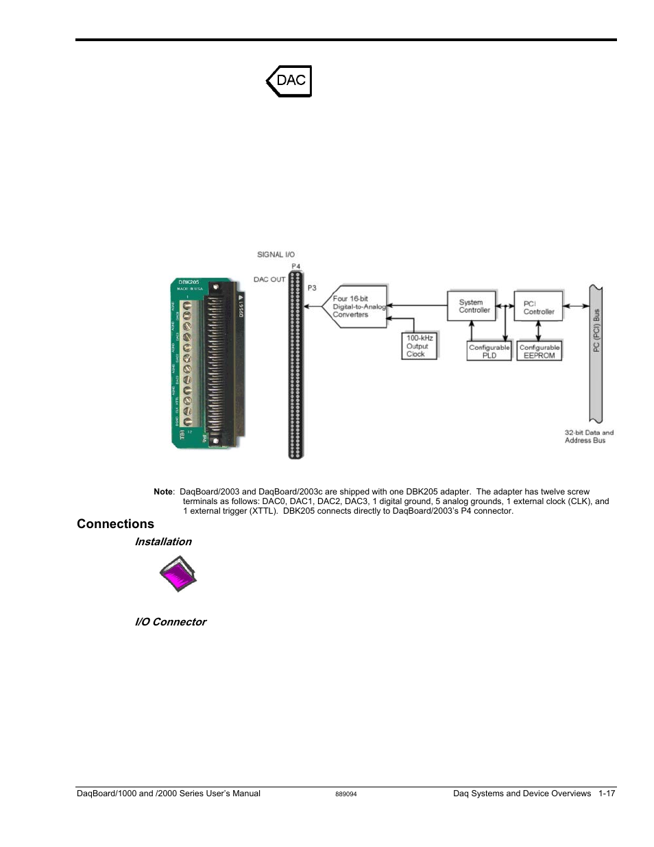 Daqboard/2003, Connections, Daqboard/2003…… 1-17 | Measurement Computing DaqBoard 1000 Series User Manual | Page 39 / 88