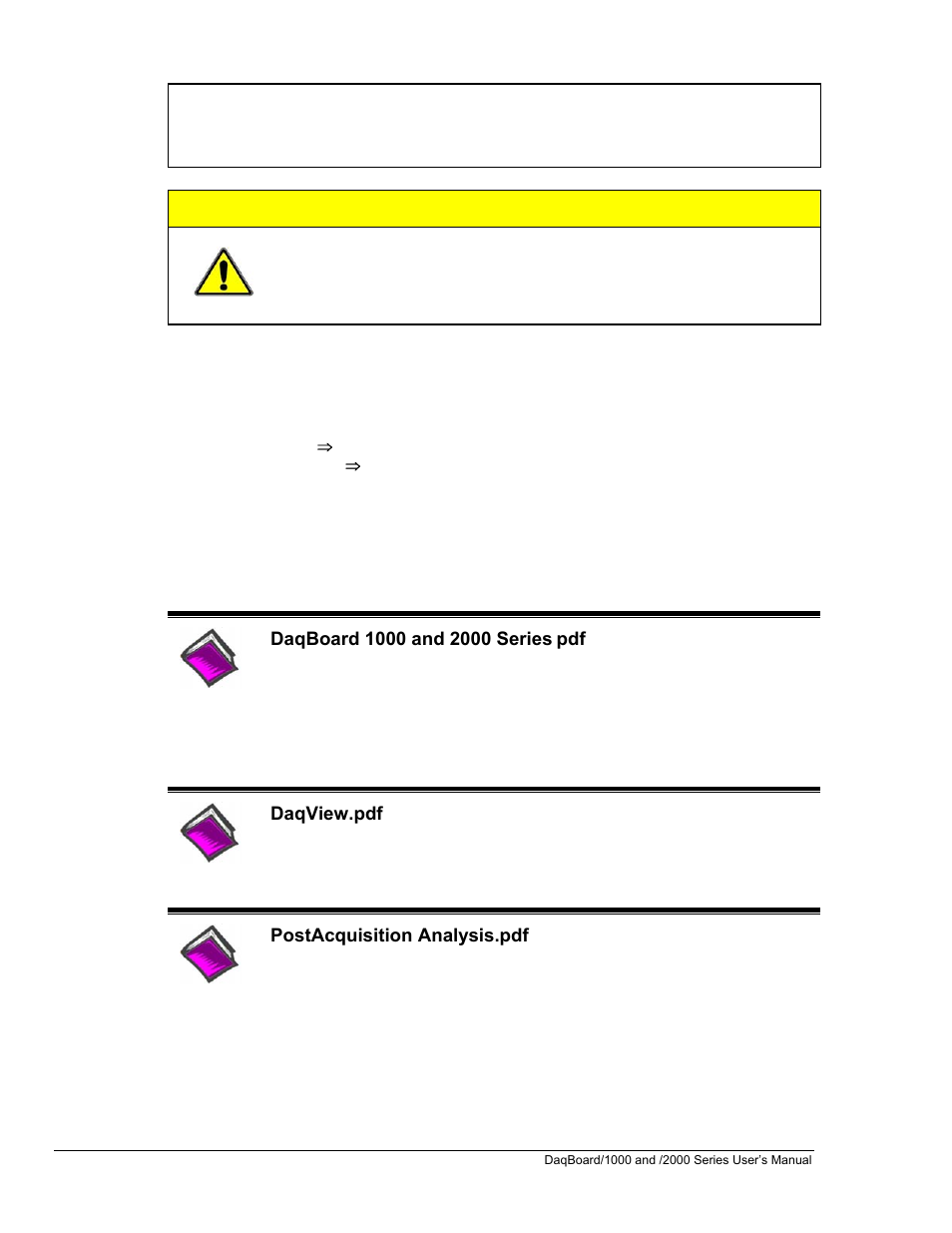 Caution, Daqview.pdf, Postacquisition analysis.pdf | Measurement Computing DaqBoard 1000 Series User Manual | Page 4 / 88