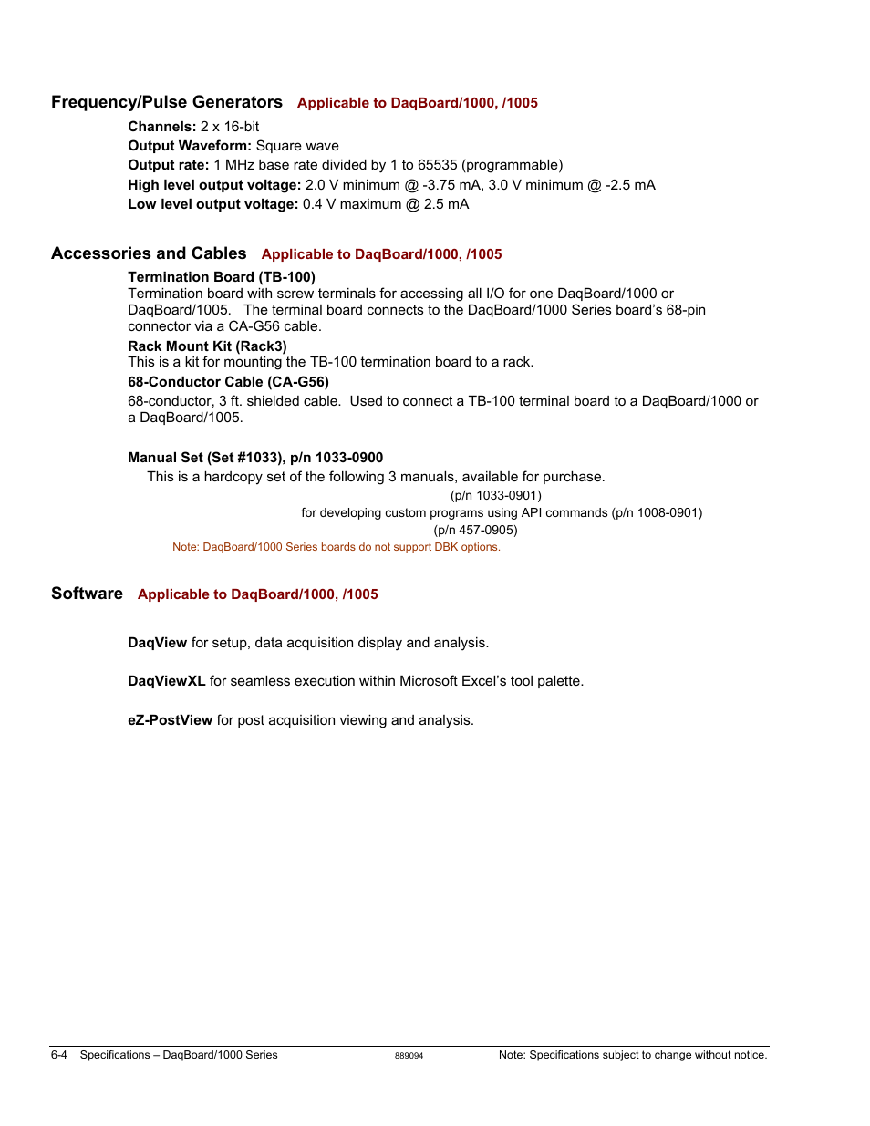 Software applicable to daqboard/1000, /1005, Frequency/pulse generators, Accessories and cables | Software | Measurement Computing DaqBoard 1000 Series User Manual | Page 78 / 88