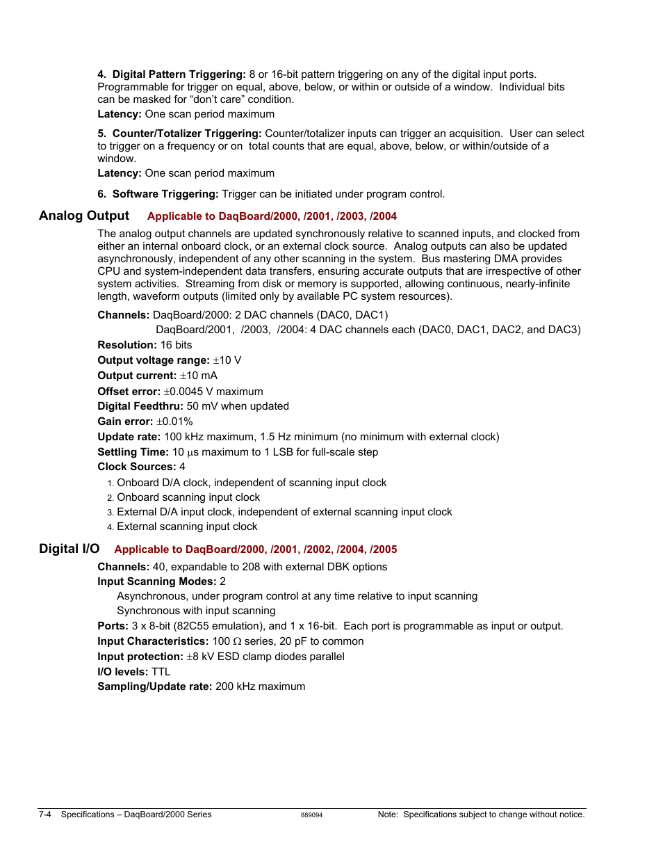 Analog output, Digital i/o | Measurement Computing DaqBoard 1000 Series User Manual | Page 82 / 88