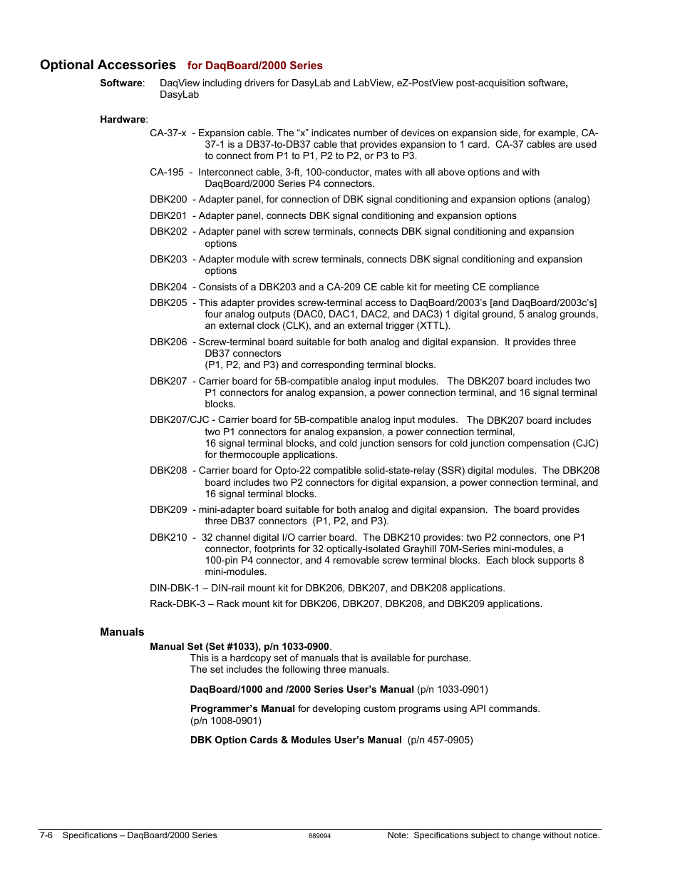 Optional accessories for daqboard/2000 series, Optional accessories | Measurement Computing DaqBoard 1000 Series User Manual | Page 84 / 88