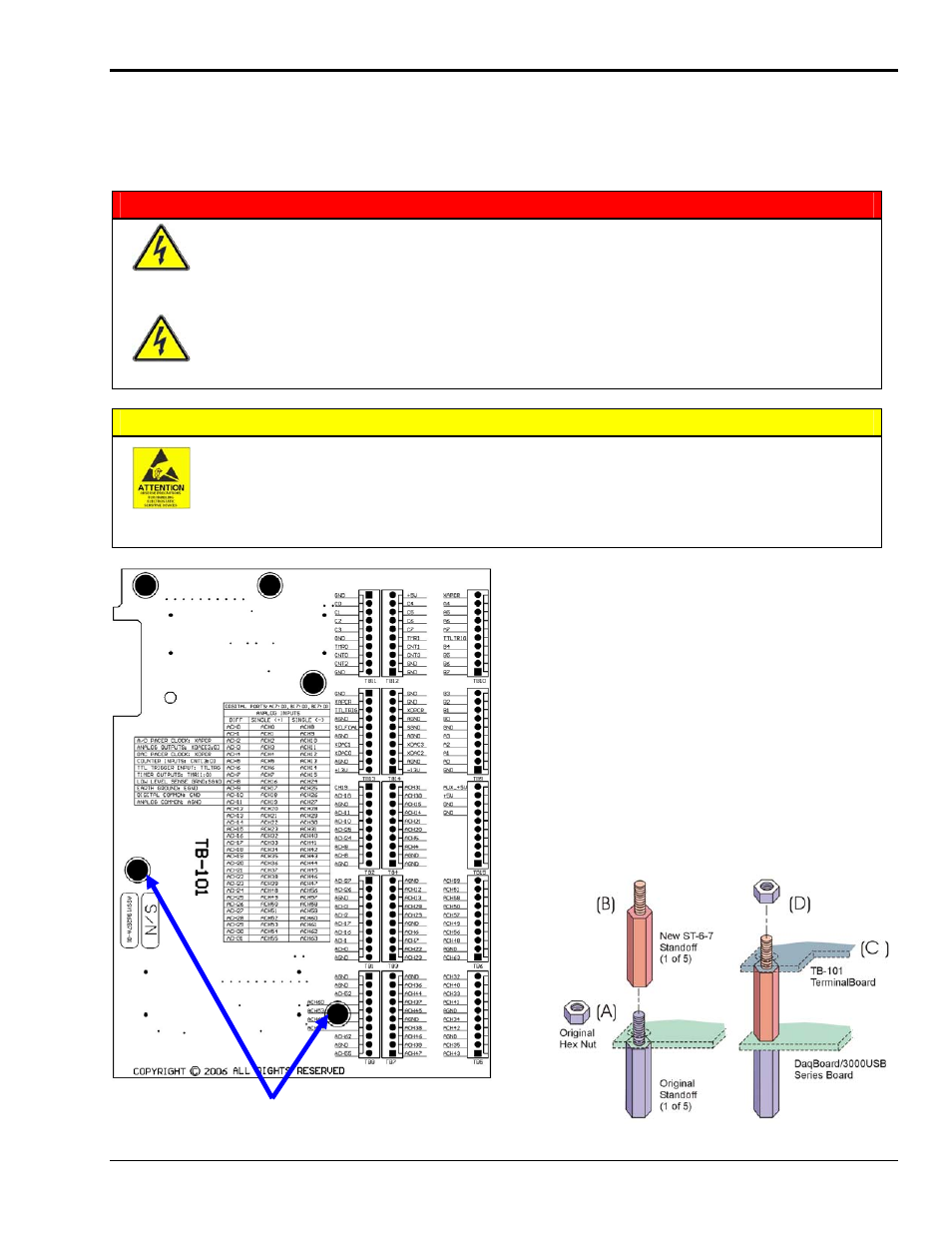 Tb-101 terminal board option, How to mount the tb-101, Warning | Caution | Measurement Computing DaqBoard 3000USB Series User Manual | Page 51 / 128