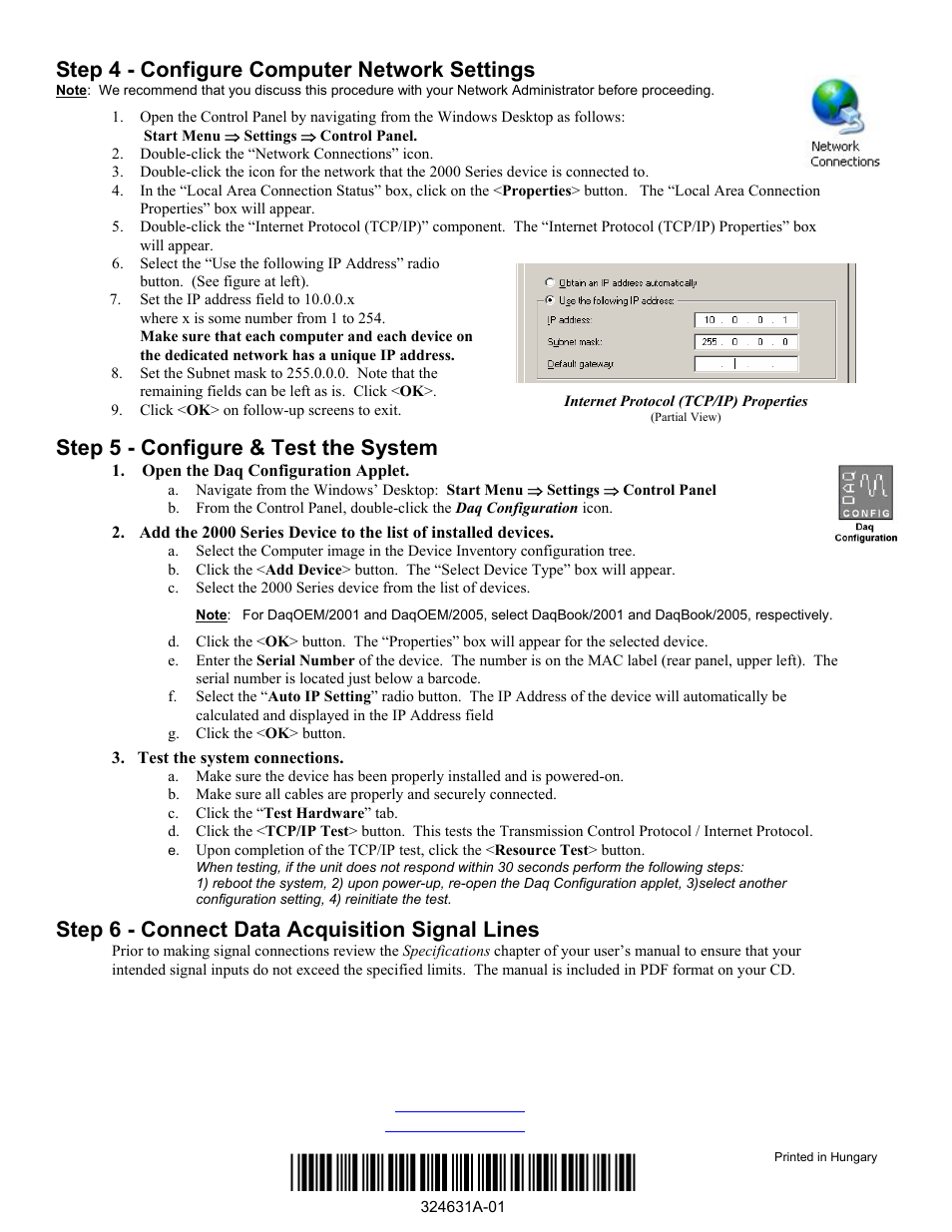 Step 4 - configure computer network settings, Step 5 - configure & test the system, Step 6 - connect data acquisition signal lines | Measurement Computing DaqBook 2000 Series User Manual | Page 10 / 90