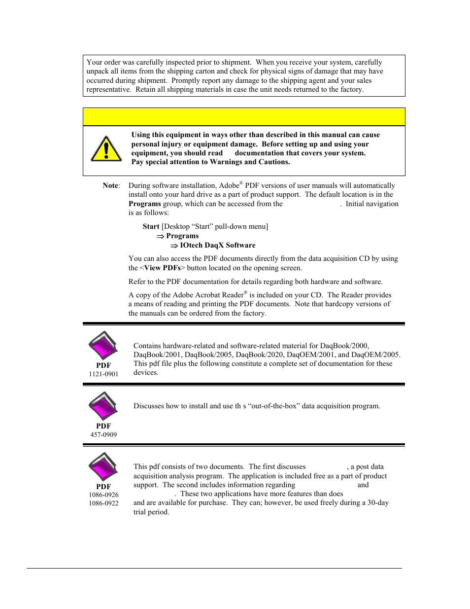 Caution, Daqview.pdf, Postacquisition analysis.pdf | Measurement Computing DaqBook 2000 Series User Manual | Page 4 / 90