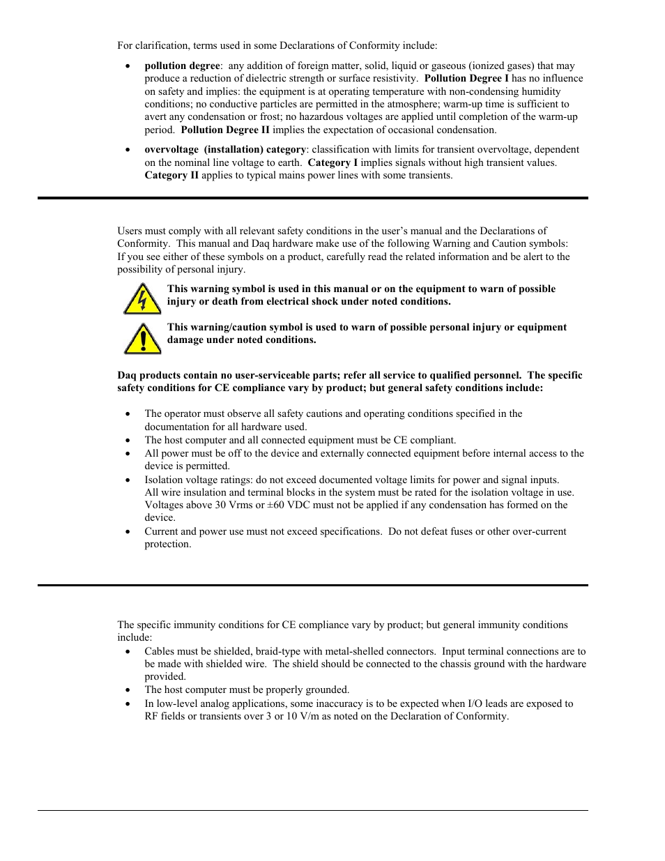 Safety conditions, Emissions/immunity conditions | Measurement Computing DaqBook 2000 Series User Manual | Page 58 / 90