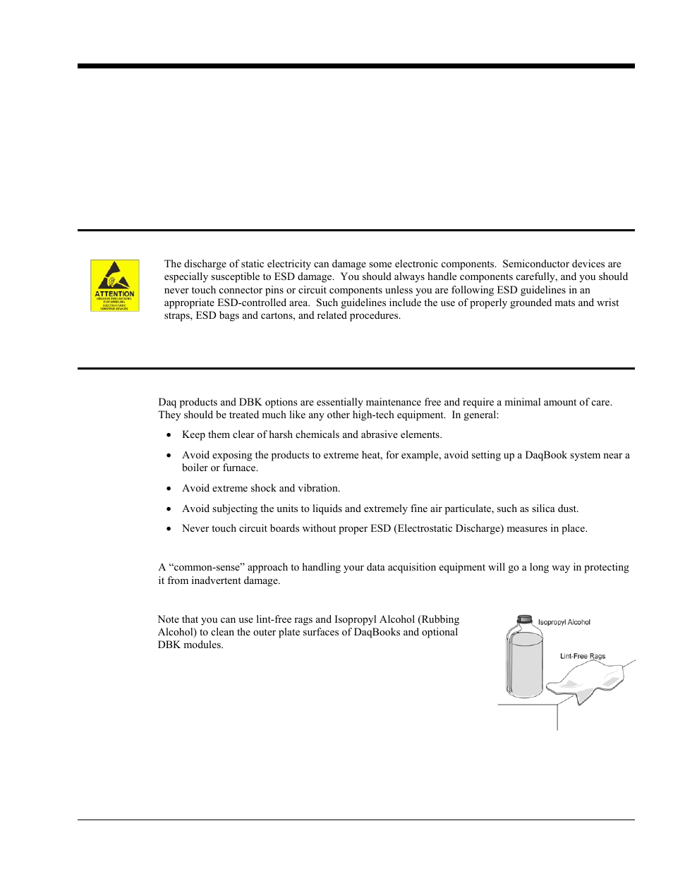 Ch 10 - troubleshooting and customer support, Electrostatic discharge (esd), handling notice, Product care | Troubleshooting and customer support 10 | Measurement Computing DaqBook 2000 Series User Manual | Page 73 / 90