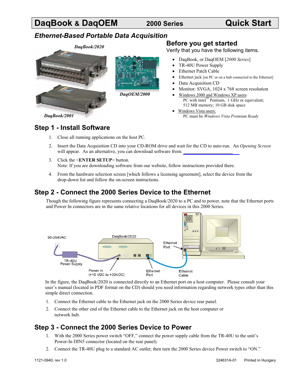 Quick start, Daqbook, Daqoem | 2000 series, Ethernet-based portable data acquisition, Before you get started, Step 1 - install software | Measurement Computing DaqBook 2000 Series User Manual | Page 9 / 90