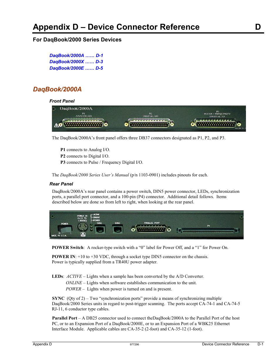 Appendices, Appendix d- device connector reference, Appendix d – device connector reference | Appendix d – device connector reference d, Daqbook/2000a | Measurement Computing DaqBook 2000 Series Installation User Manual | Page 27 / 46