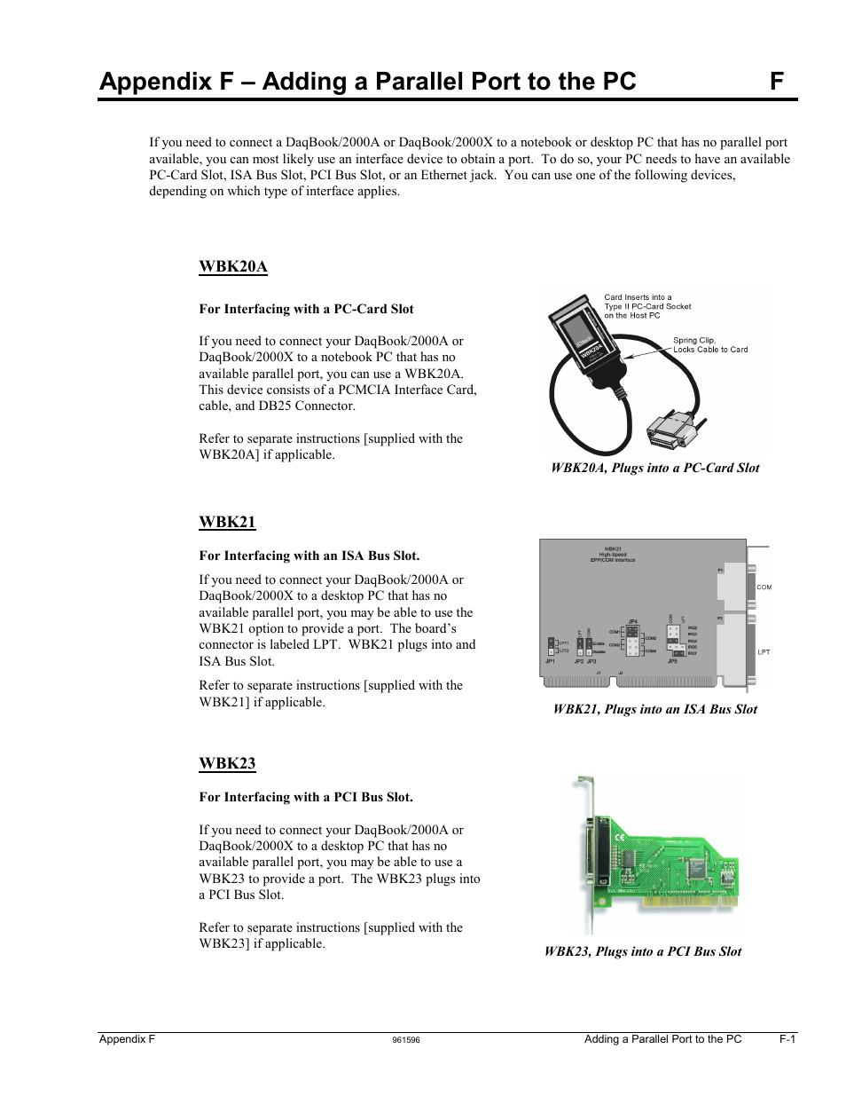 Appendix f - adding a parallel port to the pc, Appendix f – adding a parallel port to the pc, Appendix f – adding a parallel port to the pc f | Measurement Computing DaqBook 2000 Series Installation User Manual | Page 43 / 46