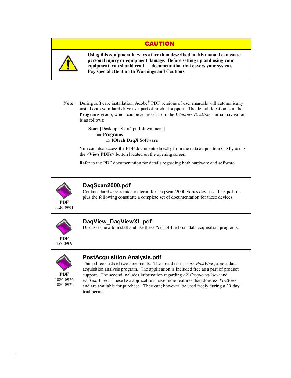 Caution, Daqscan2000.pdf, Daqview_daqviewxl.pdf | Postacquisition analysis.pdf | Measurement Computing DaqScan 2000 Series User Manual | Page 4 / 74