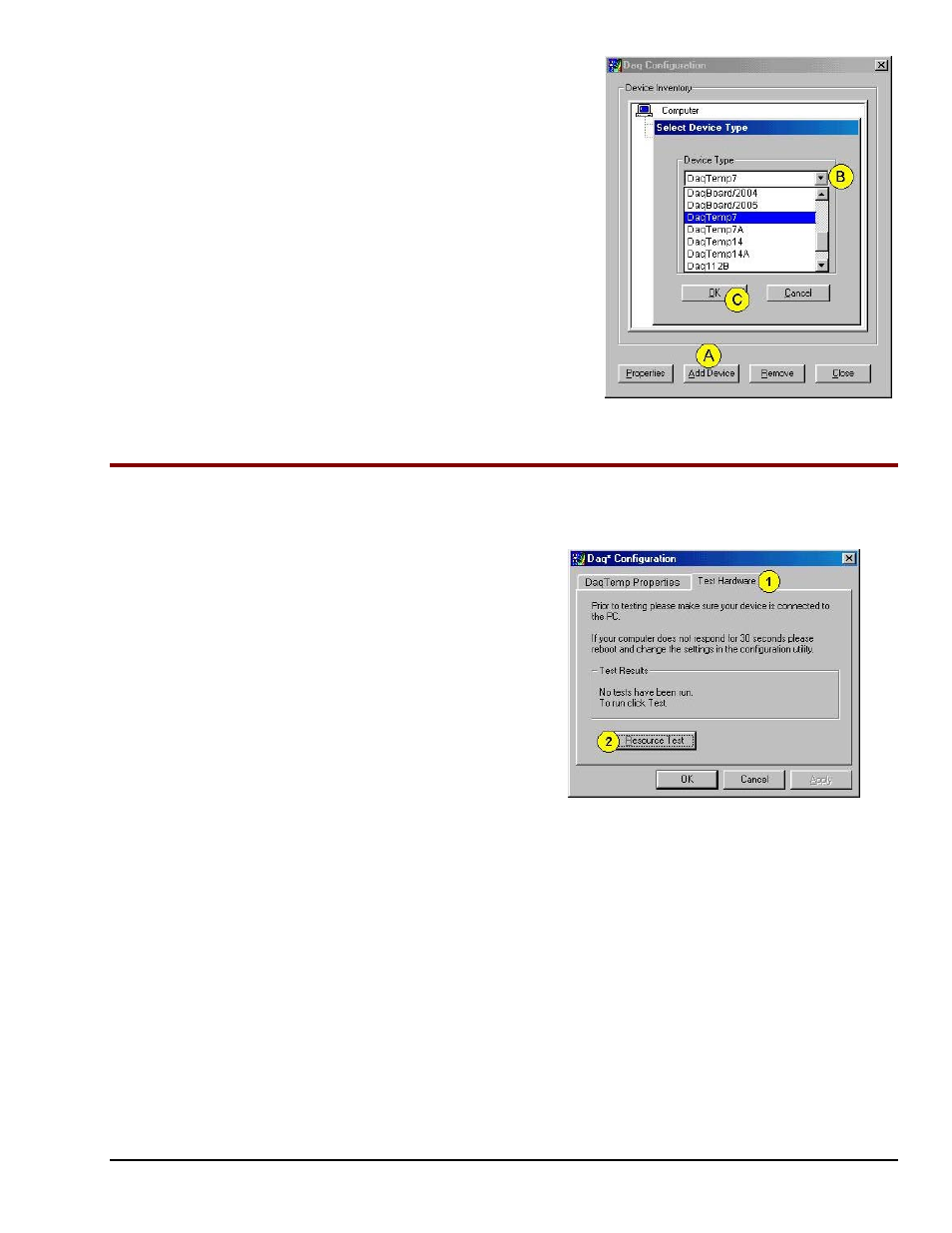 Step 4 – test the daqtemp pci board, Step 4 – test the daqtemp pci board …… 2-5, Step 4 – test the pci board … -5 | Test the daqtemp pci board | Measurement Computing DaqTemp User Manual | Page 25 / 48
