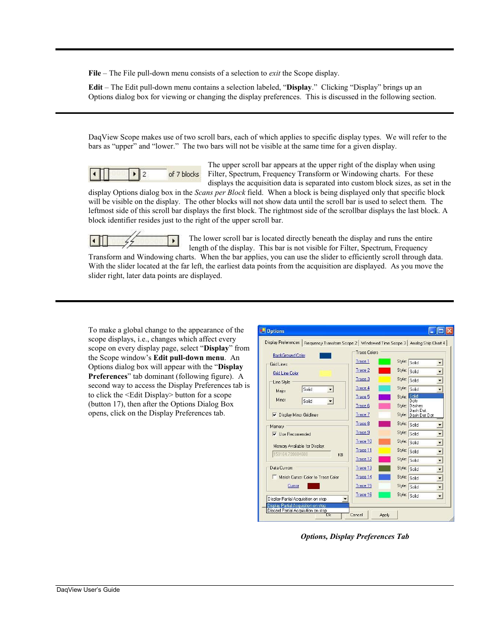 Pull-down menus, Scroll bars, Changing display parameters | Measurement Computing DaqView User Manual | Page 41 / 86