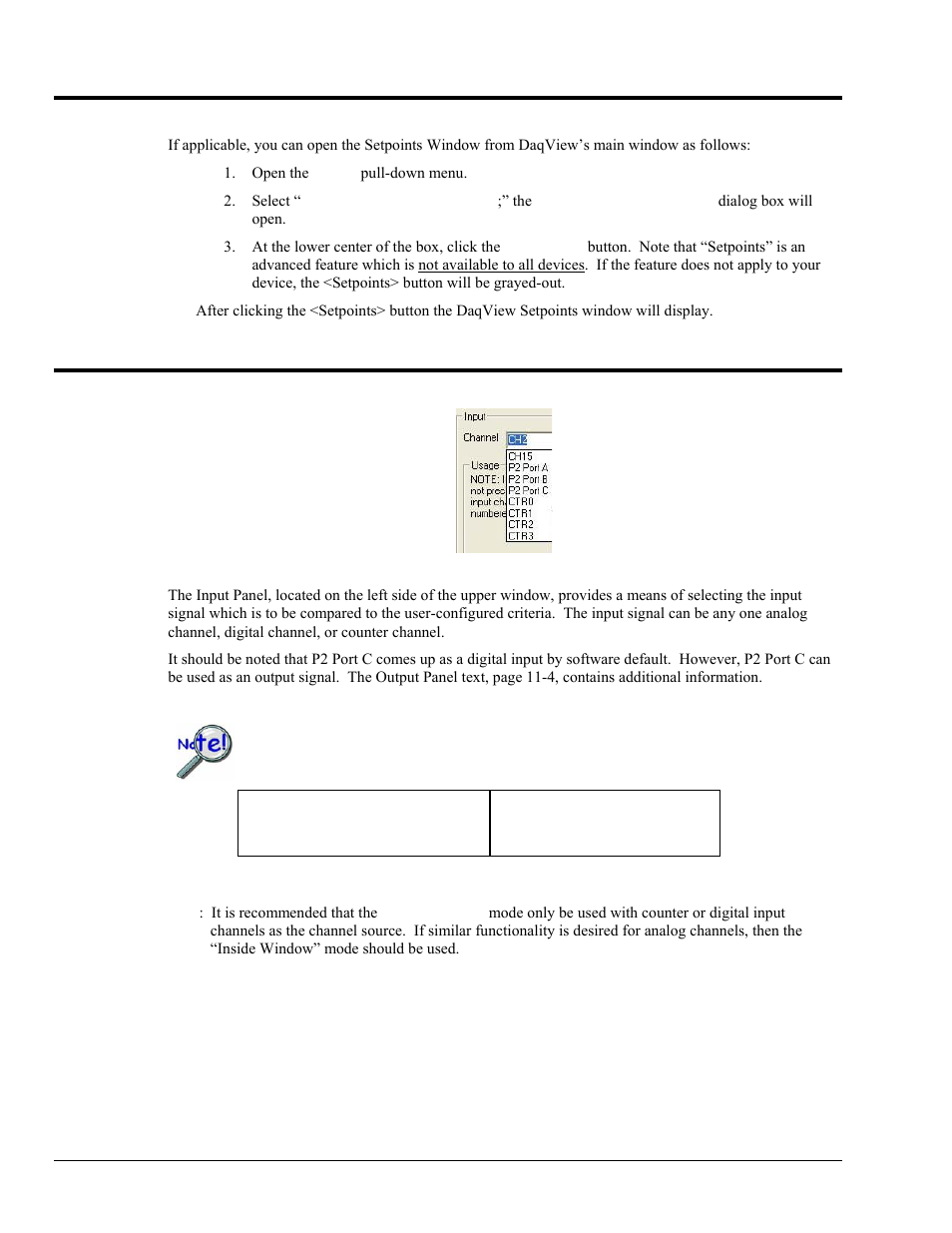 Accessing the setpoints window, Input panel, Input panel …… 11-2 | Measurement Computing DaqView User Manual | Page 62 / 86
