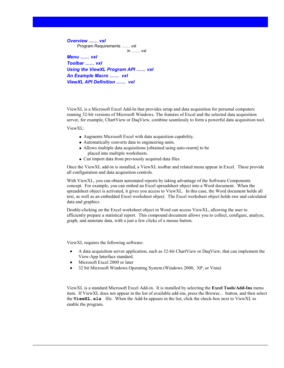 Viewxl, Software reference, Overview | Measurement Computing DaqView User Manual | Page 75 / 86