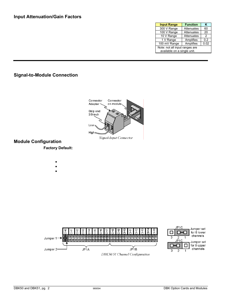 Hardware setup, Input attenuation/gain factors, Signal-to-module connection | Module configuration | Measurement Computing DBK Part 2 User Manual | Page 102 / 306