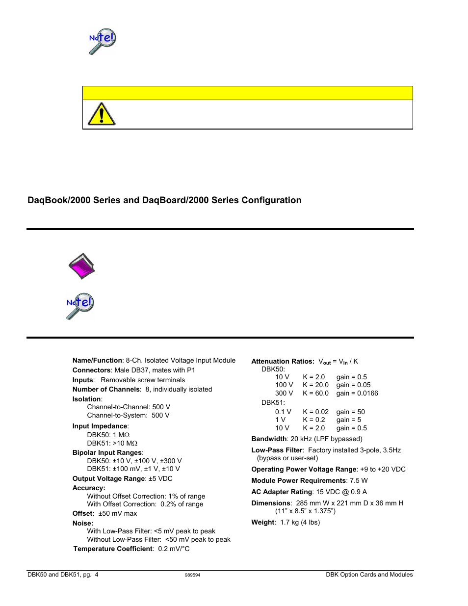Software setup, Dbk50 and dbk51 – specifications, Caution | Measurement Computing DBK Part 2 User Manual | Page 104 / 306