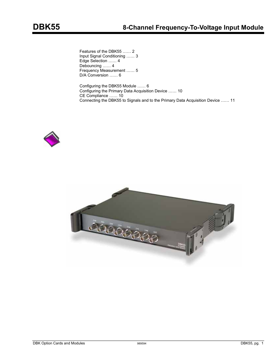 Dbk55, 8-ch frequency-to-voltage input module, Dbk55, Channel frequency-to-voltage input module | Measurement Computing DBK Part 2 User Manual | Page 111 / 306