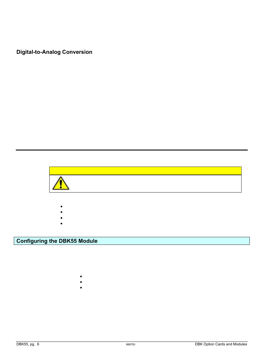 Hardware setup, Digital-to-analog conversion, Caution | Configuring the dbk55 module | Measurement Computing DBK Part 2 User Manual | Page 116 / 306