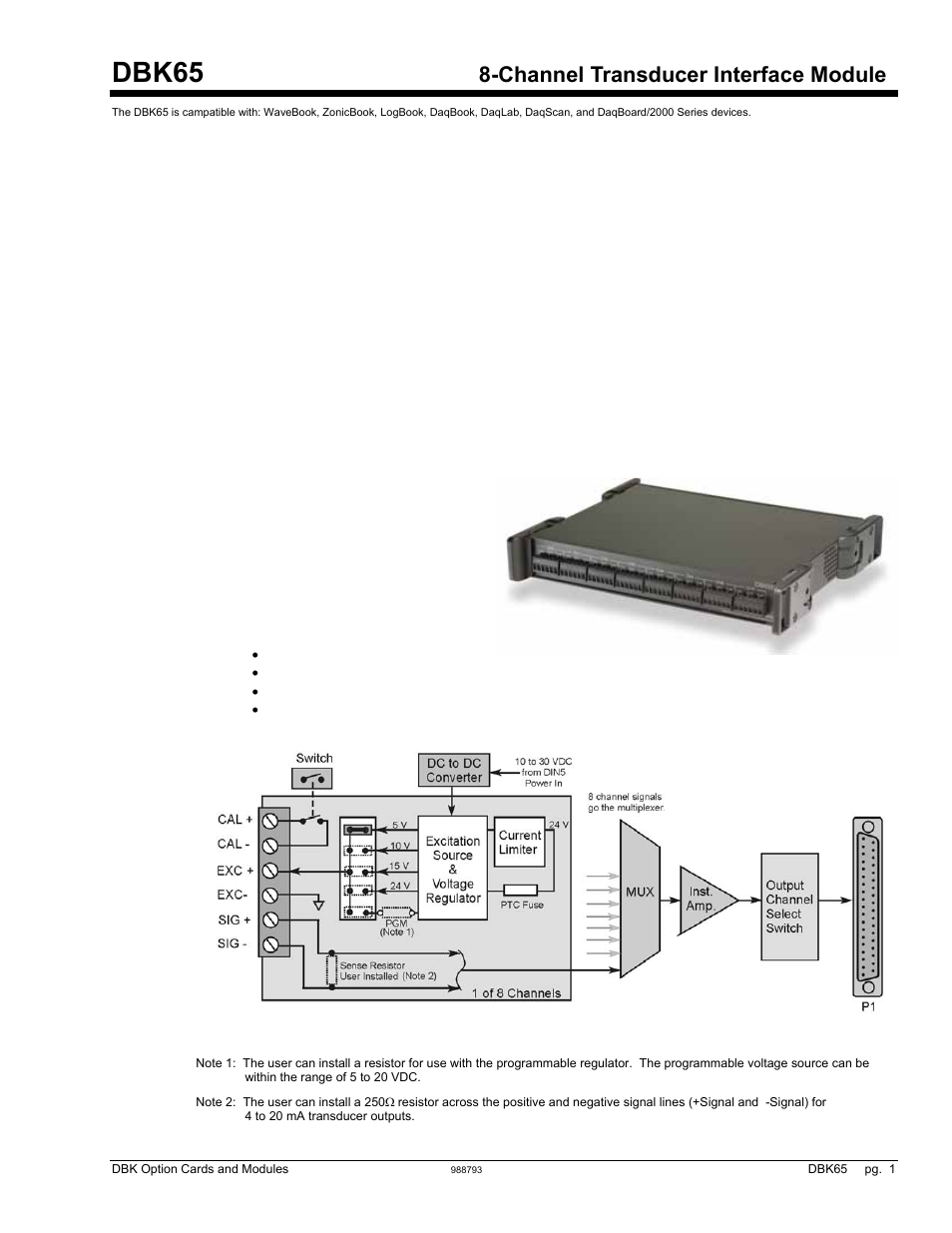 Dbk65, 8-channel transducer interface module, Dbk65, Channel transducer interface module | Overview | Measurement Computing DBK Part 2 User Manual | Page 129 / 306