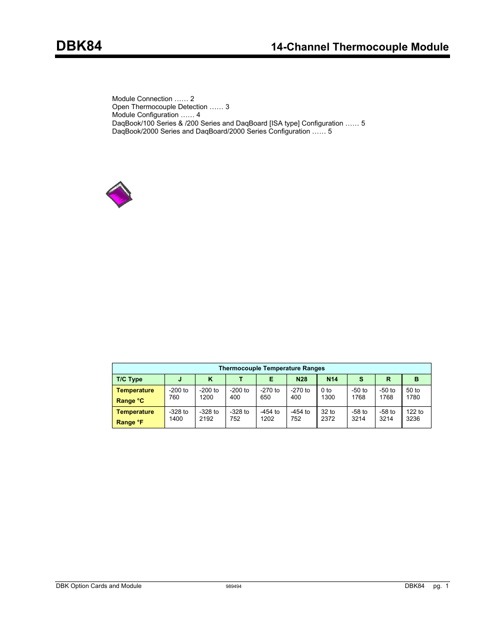Dbk84, 14-ch tc module, Dbk84, Channel thermocouple module | Overview | Measurement Computing DBK Part 2 User Manual | Page 161 / 306