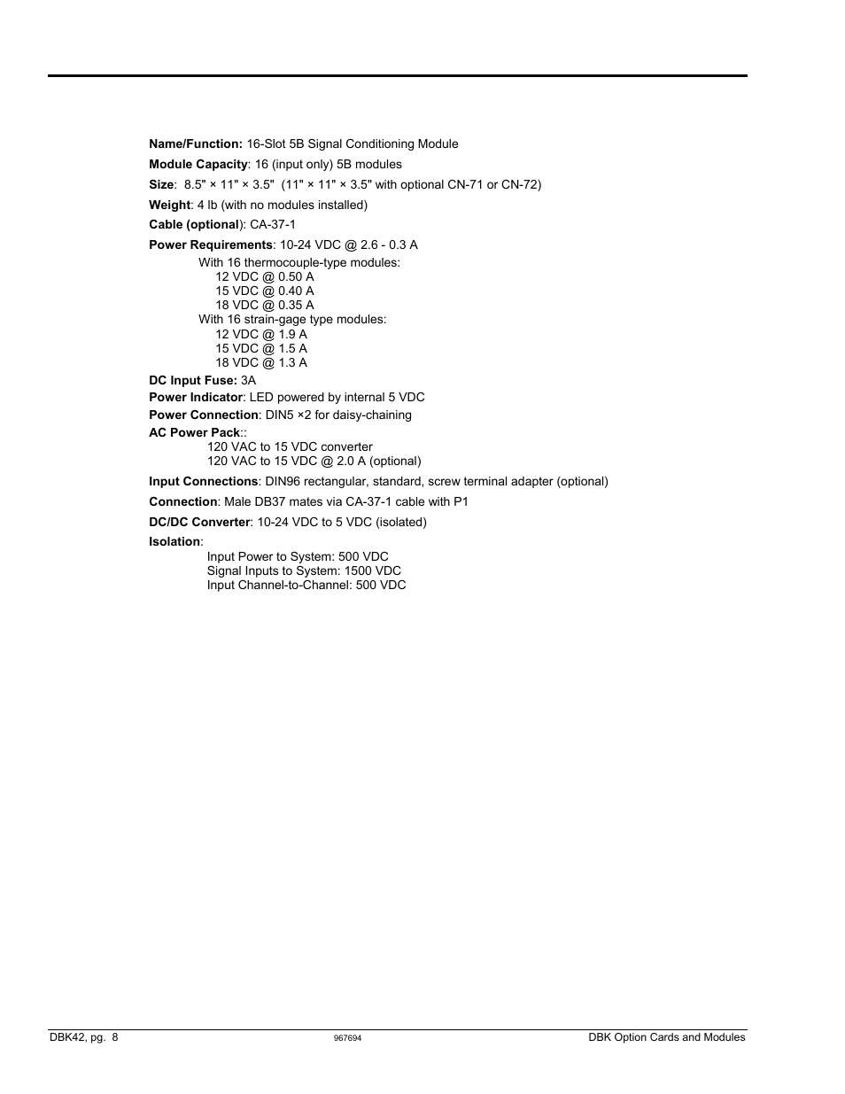 Dbk42 – specifications | Measurement Computing DBK Part 2 User Manual | Page 20 / 306