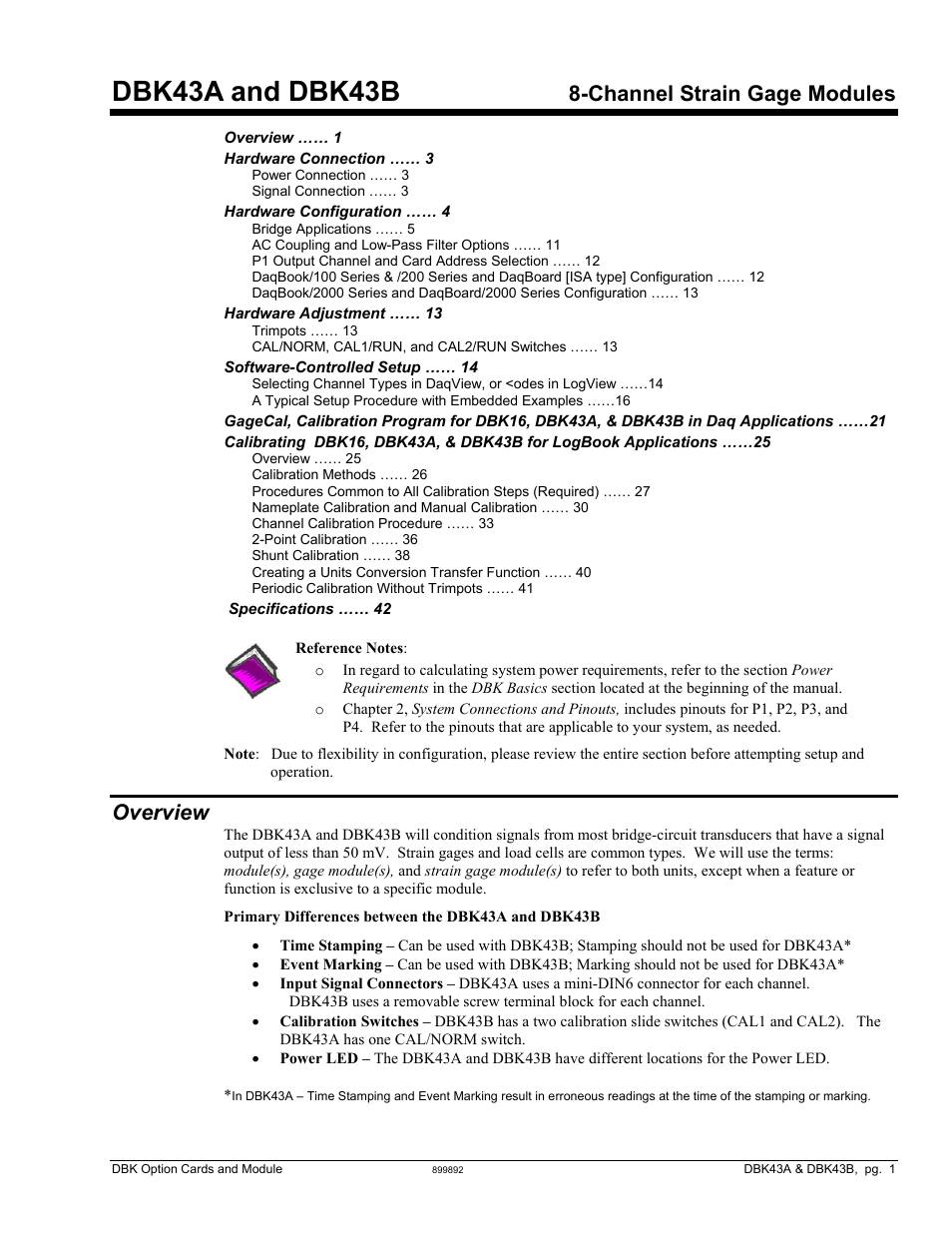 Dbk43a and dbk43b, 8-ch strain gage modules, Dbk43a and dbk43b 8-channel strain gage modules, Overview | Dbk43a and dbk43b, Channel strain gage modules | Measurement Computing DBK Part 2 User Manual | Page 21 / 306