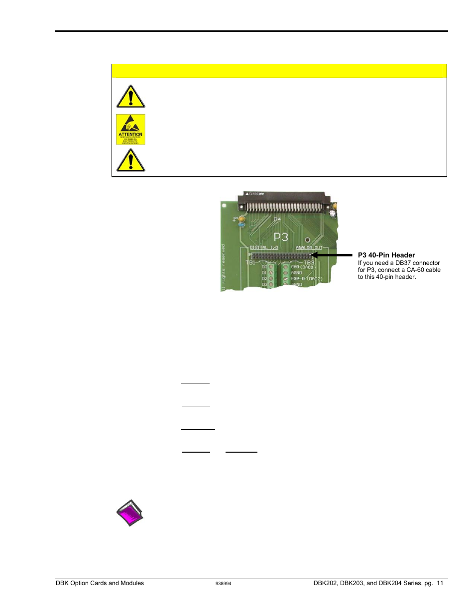 Using the p3 header, Caution | Measurement Computing DBK Part 2 User Manual | Page 217 / 306