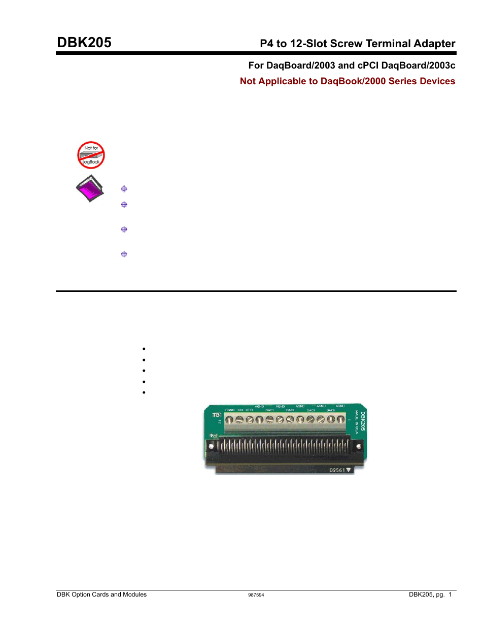Dbk205, p4 to 12-slot screw terminal adapter, Dbk205, P4 to 12-slot screw terminal adapter | Overview | Measurement Computing DBK Part 2 User Manual | Page 221 / 306