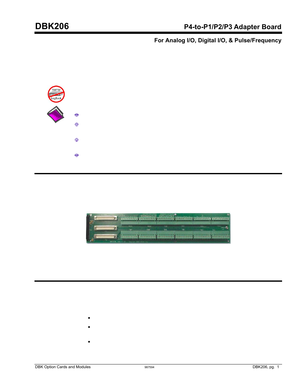 Dbk206, p4-to-p1/p2/p3 adapter board, Dbk206, P4-to-p1/p2/p3 adapter board | Overview, Connections | Measurement Computing DBK Part 2 User Manual | Page 223 / 306